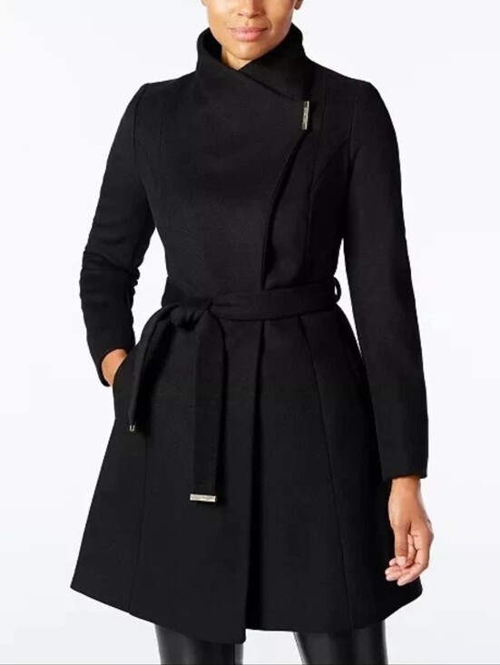 Michael Kors Jackets & Blazers - Michael Kors Black Women's Asymmetrical Belted Wool Coat, US X-Small